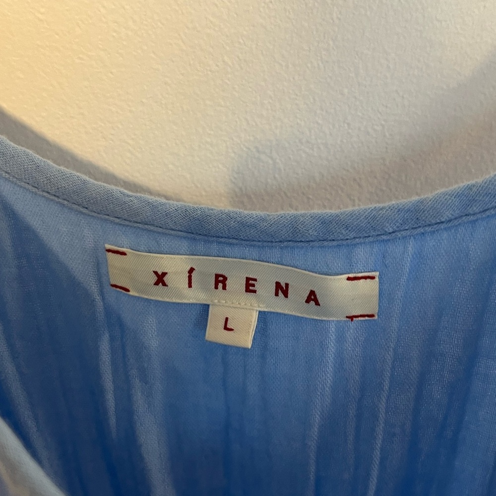 Xirena Ali tiered midi dress, blue gauzy cotton, adjustable straps, sleeveless L - Picture 4 of 7